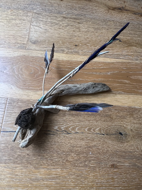 Amanda Farquharson “Bluey” 2022 Driftwood, rosella feathers, kelp roots, twine, lomandra 10 cm x 40cm x 20 cm $ 140
