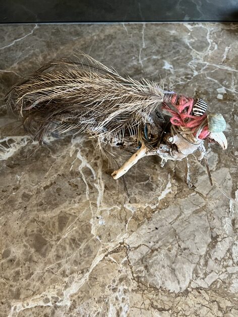 Amanda Farquharson “Bush Bunyip” 2022 Bush skeleton, Inflorescent paint driftwood, twine, emu feathers, shells 20cmx 30cmx10 cm $280